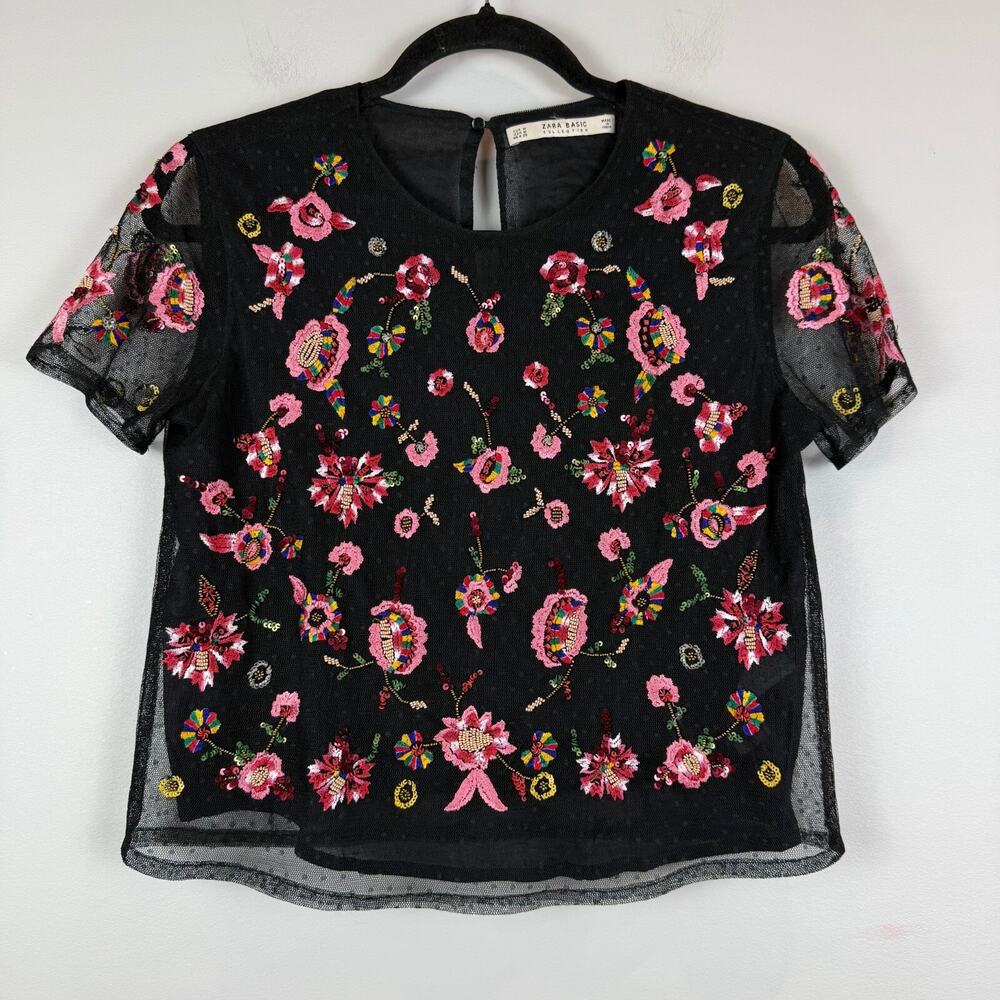 Zara Black Sheer Embroidered Floral Short Sleeve Top with Pink Accents